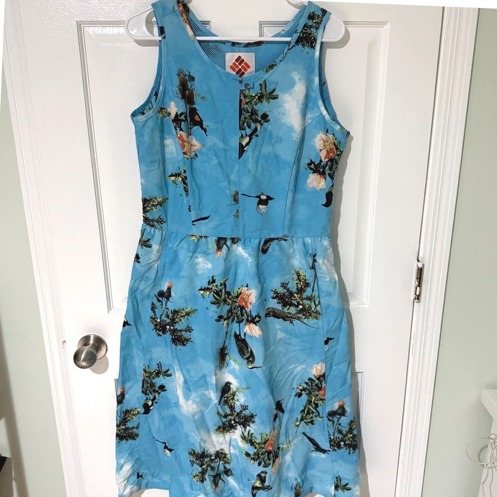 Columbia Sportswear Womens Blue Bird Tree Print Sleeveless Pocket Dress Large